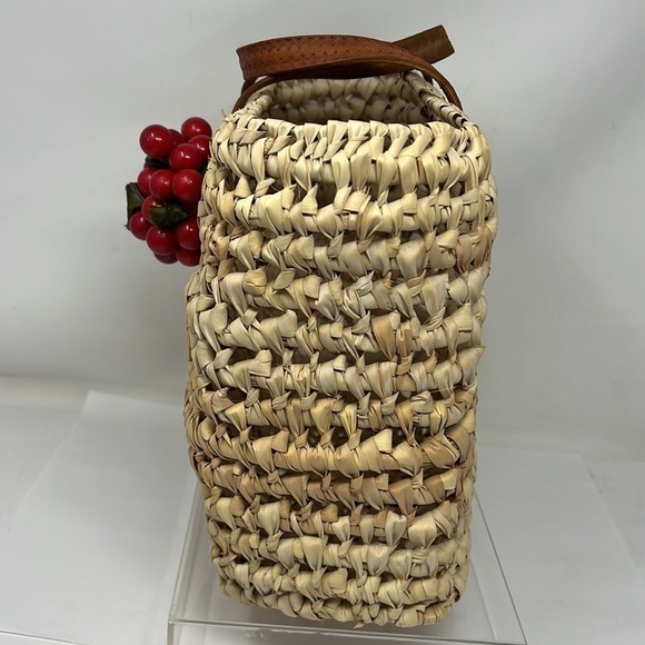 Straw Banana Leaf Woven Market Basket Bag Double Leather Handles - Picture 5 of 7